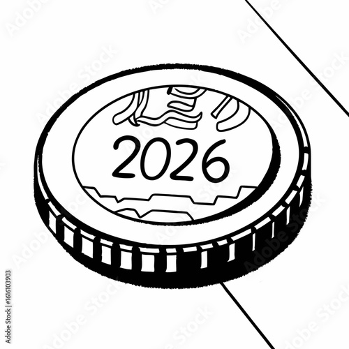 A stylized black and white illustration of a coin featuring the year 2026
