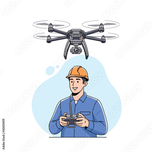 Operator with drone and remote control flying overhead for inspection and survey work