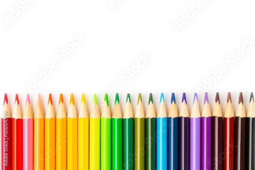 Colored pencils isolated on white background. Equipment for coloring. Stationery for creativity.Back to school. Flatlay. Children's Creativity and Education. Rainbow.
