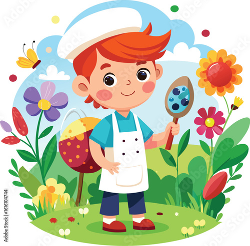 Vector of Boy Painting House in Graden Setting