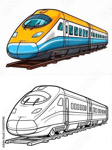 Cartoon High-Speed Train Illustration with Coloring Page Version