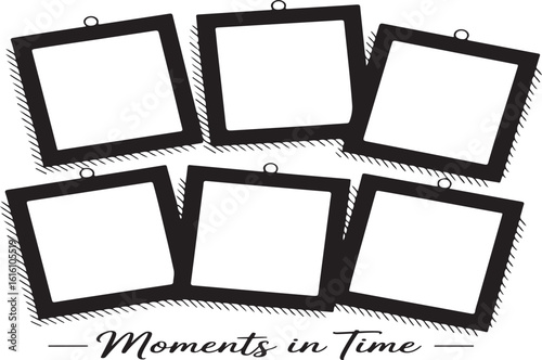 Vector illustration of six empty picture frames with hanging hooks and handwritten text