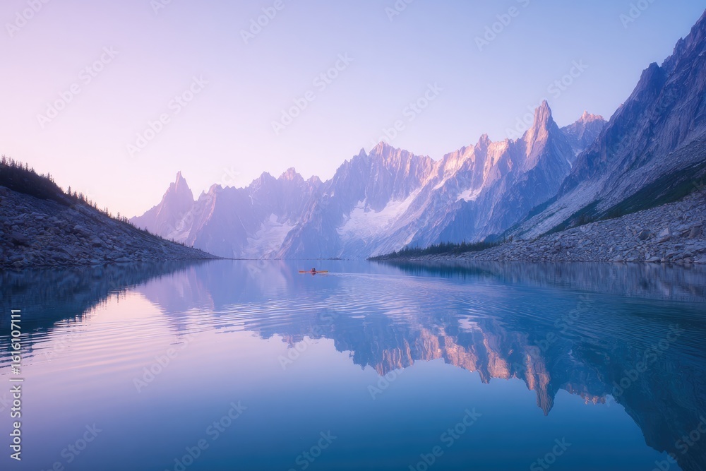 Naklejka premium serene alpine lake at dawn mirroring snow peaks and lone kayaker gliding toward rising sun