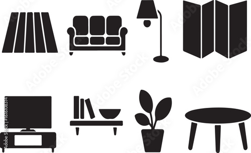 Simple black and white icons representing common furniture and interior design elements