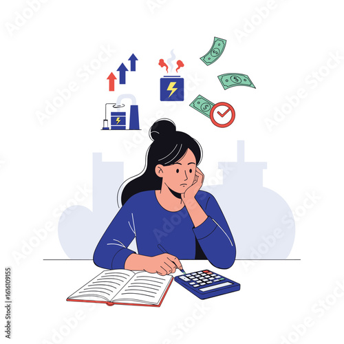 Woman calculating rising utility costs at home with budget management tools