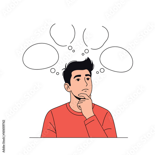 Man with multiple thought bubbles above his head pondering a difficult problem