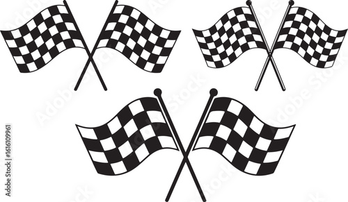 Double crossed checkered racing flag vector illustration for car race.  sports finish line flag silhouette vector set