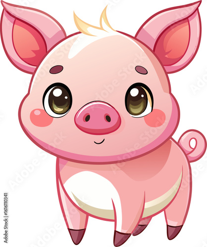 Cute cartoon piglet with big eyes and pink belly in kawaii chibi art