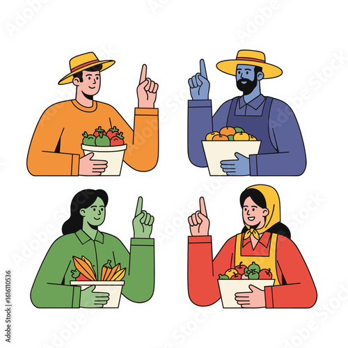 Four farmers holding baskets of fresh produce indicating upward trend for agriculture