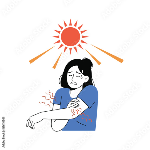 Woman feeling unwell under intense summer sun experiencing skin irritation due to heat exposure