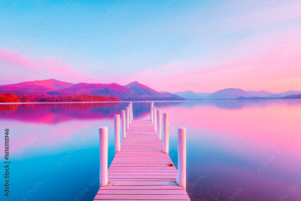 Obraz premium Serene wooden pier extending into misty lake at sunrise dreamy morning landscape with golden light