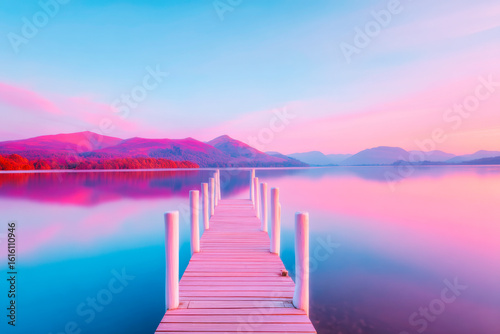 Serene wooden pier extending into misty lake at sunrise dreamy morning landscape with golden light
