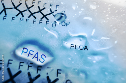 Water drops with PFAS text and poly-fluoroalkyl chemical structure background