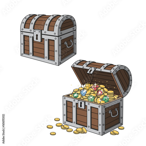 Discover hidden treasures in this captivating chest filled with gleaming gold coins and sparkling gems