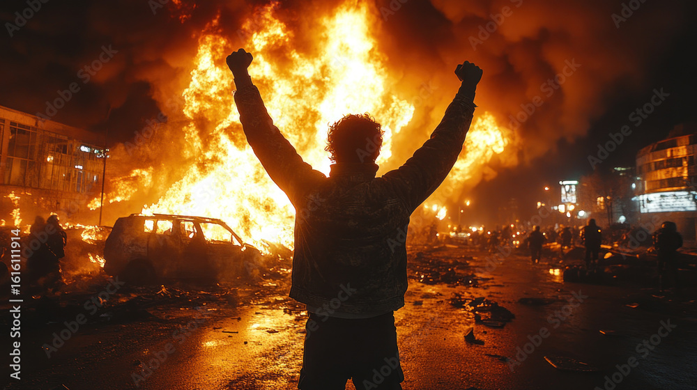Fototapeta premium Silhouette of a man with his hands up against a large-scale city fire and riots at night. 