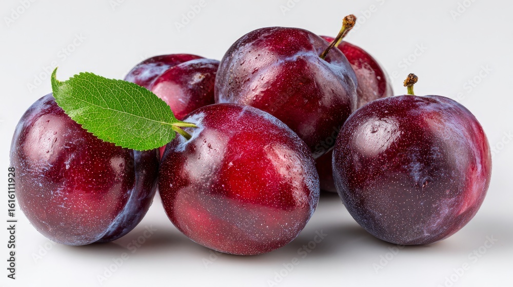 Obraz premium A spread of ripe, juicy plums on a white surface, captured close-up