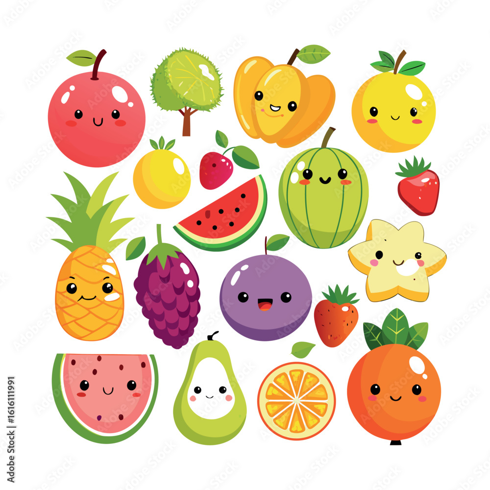 Fototapeta premium Colorful Fruits and Vegetables Icon Set | Fresh Berry & Produce Vector Collection