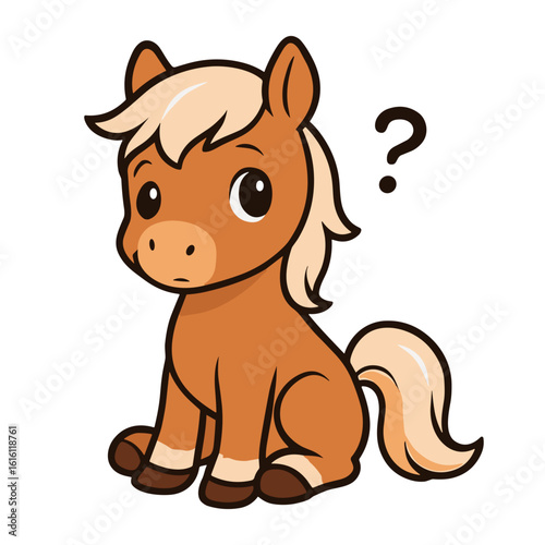 Cute cartoon horse ponders a question mark