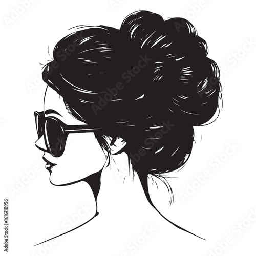 messy bun and sunglasses vector silhouette, Black and white silhouette of a messy bun hairstyle with sunglasses, Messy hair bun, vector woman silhouette. 