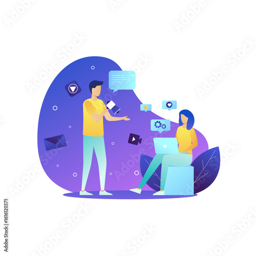 Creators planning social-media content with smartphone and laptop – digital marketing illustration