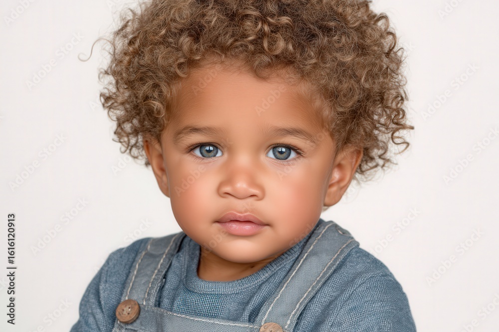 Naklejka premium Charming portrait of a young child with curly hair and bright blue eyes expressing innocence and curiosity in a serene and inviting setting captured with clarity