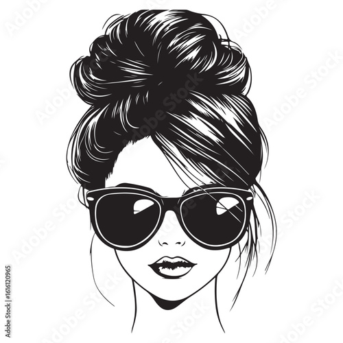 messy bun and sunglasses vector silhouette, Black and white silhouette of a messy bun hairstyle with sunglasses, Messy hair bun, vector woman silhouette. 
