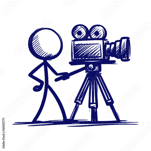 Creative icon of cinematic storytelling featuring stick figure and retro camera, vector