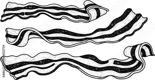 Strips of crispy bacon with curled edges on a white background