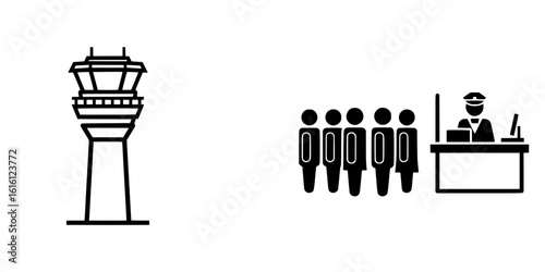 Flight Control Tower & Immigration Queue Icon Set – Black & White Minimal Vector
