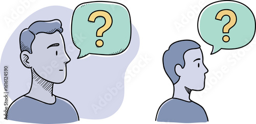 Two illustrated men pondering with question marks in hand-drawn style  