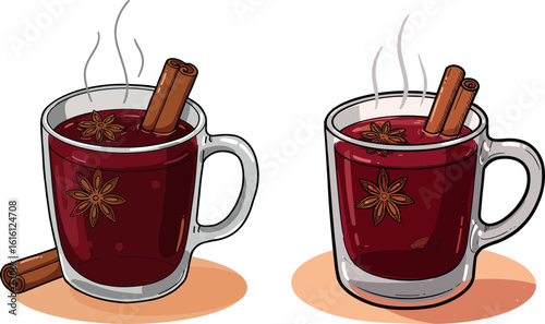 Two steaming mugs of mulled wine with cinnamon sticks in hand-drawn style  