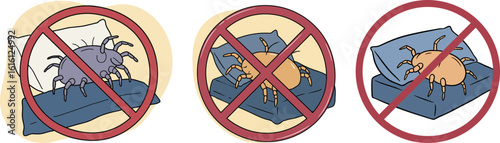 Illustrations of bed bugs with prohibition signs in hand-drawn style  