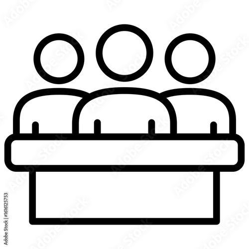 The icon of a group of people sitting behind a table or courtroom, with one person in the middle standing out as the defendant, is associated with justice and the legal system.