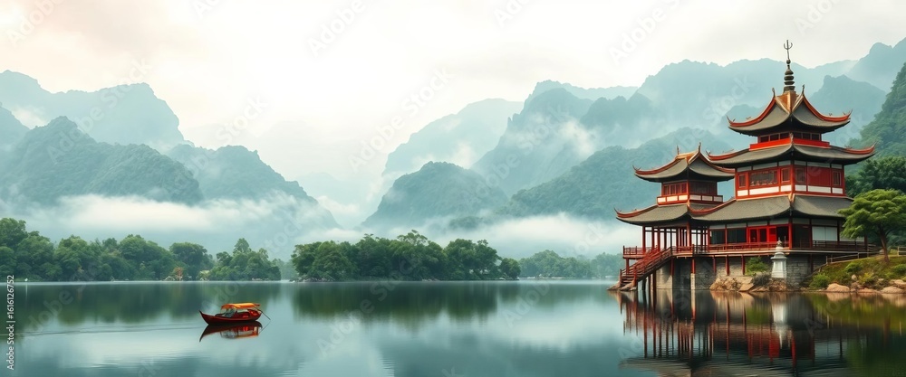 Obraz premium Misty lake, green mountains, Chinese temple, boat, Japanese watercolor style, asia, nature