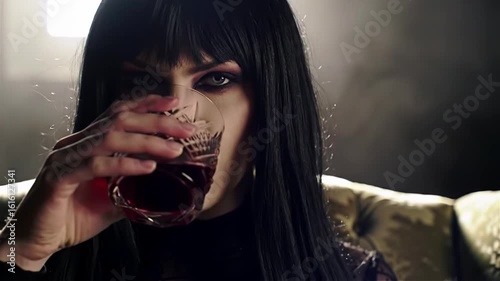 Gothic woman vampire with black hair and dark makeup drinking red wine from a glass in a cinematic mysterious portrait
