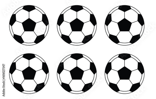  Vector illustration of six classic black and white soccer balls arranged in two neat rows — clean sports-themed design for versatile use