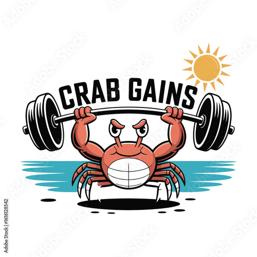 Crab silhouette lifting weights at beach, gym cartoon vector isolated black and white