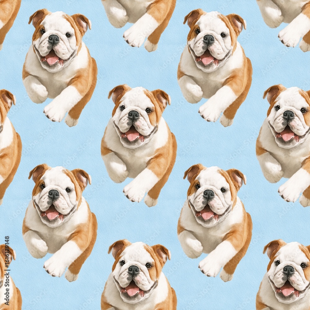 Fototapeta premium Playful Bulldogs on Blue Pattern Background, endless seamless texture rapport element