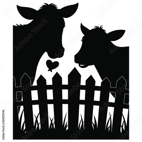 Farm animal silhouettes gossiping near fence, rural humor scene vector isolated black and white