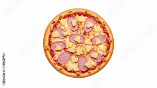 Top view hawaiian pizza isolated on white background. 4k animation video.