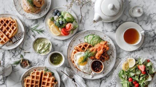 Wallpaper Mural White marble table set with crispy waffles, fried chicken, fresh vegetables, and tea Torontodigital.ca