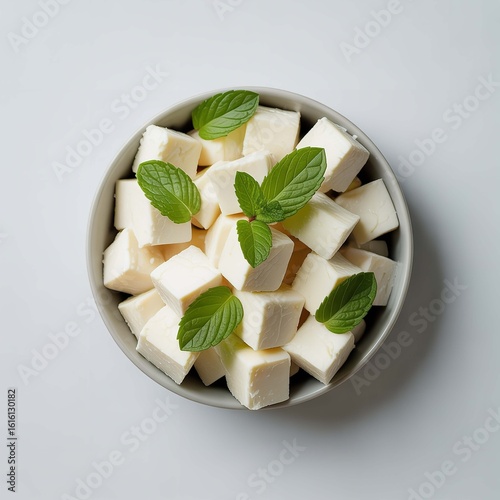 Fresh paneer cheese cubes in bowl with mint leaves indian cottage cheese healthy food ingredient closeup shot