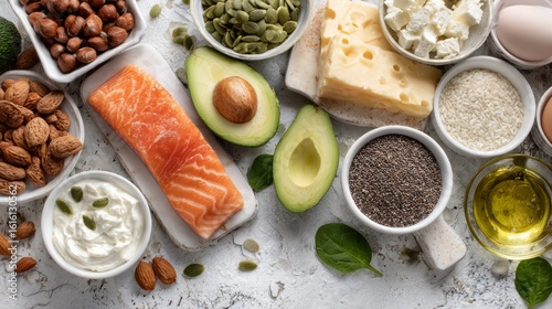 Wallpaper Mural White tiled table showcasing various foods known to boost serotonin levels Torontodigital.ca