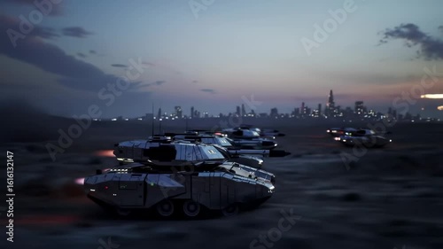 Futuristic tanks advance on city skyline, firing weapons at dusk