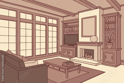 Cozy Living Room with Fireplace and Large Windows.