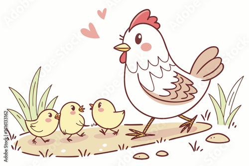 Cute Mother Hen and Chicks Walking Together.