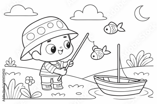 Happy Child Fishing from a Boat.
