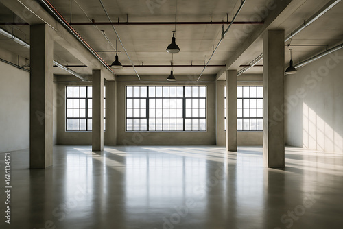 Empty industrial loft with large windows  modern architecture and open space interior  urban office background