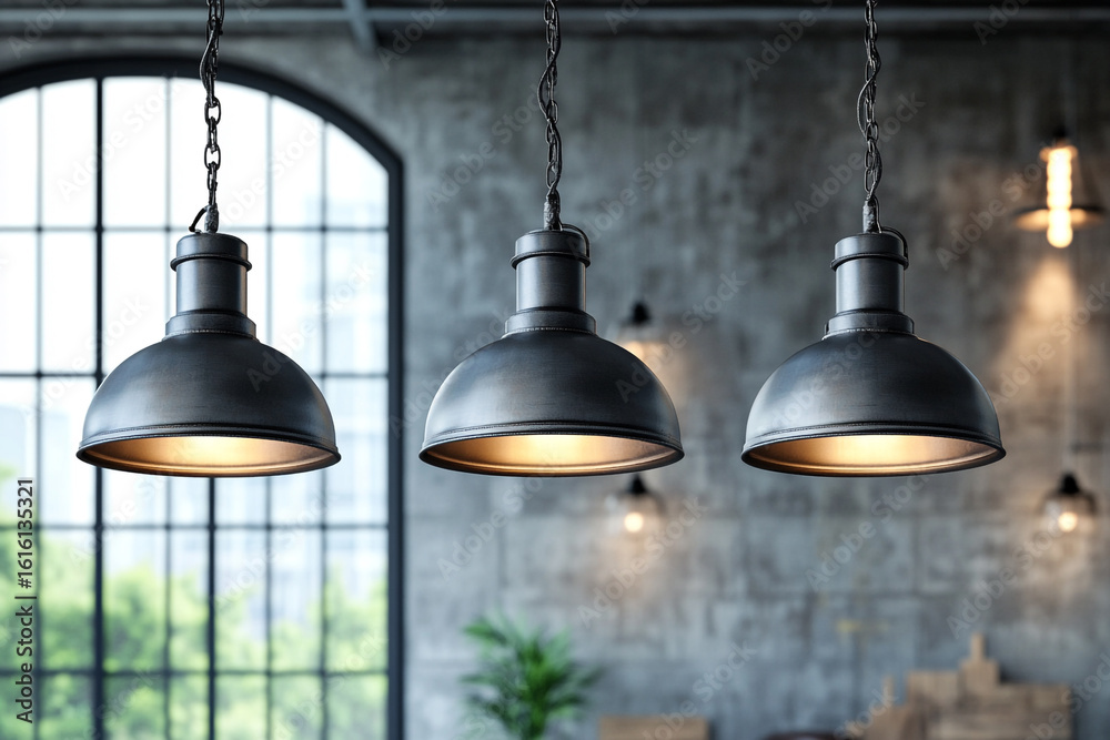 Obraz premium Three industrial style pendant lights hang in a loft setting against a textured wall near a large window