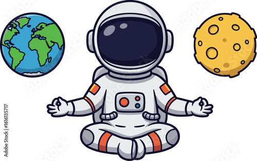 Astronaut meditating in space between earth and moon vector illustration